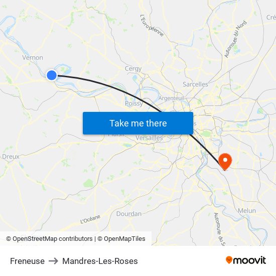 Freneuse to Mandres-Les-Roses map