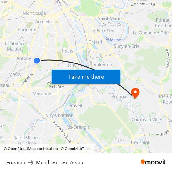 Fresnes to Mandres-Les-Roses map