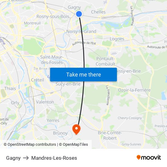 Gagny to Mandres-Les-Roses map