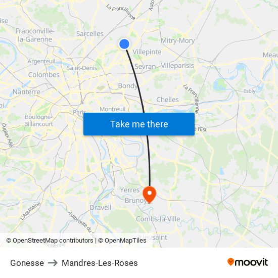 Gonesse to Mandres-Les-Roses map