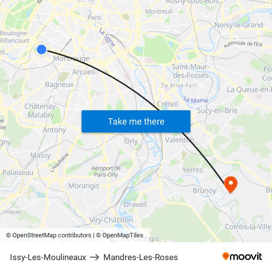 Issy-Les-Moulineaux to Mandres-Les-Roses map