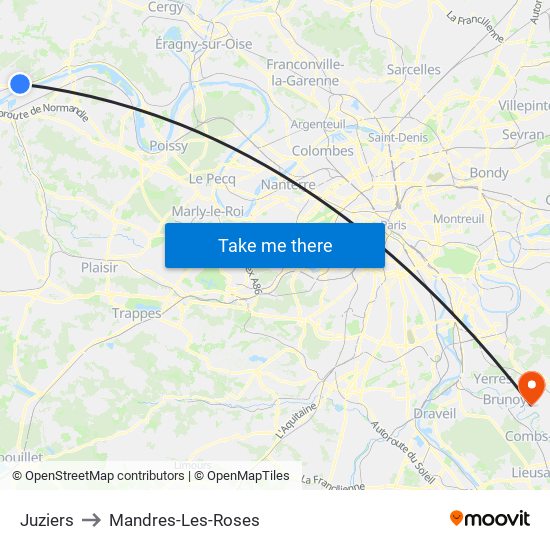 Juziers to Mandres-Les-Roses map