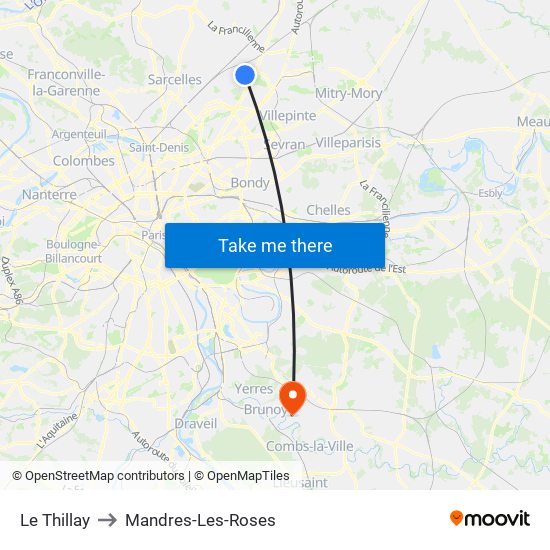 Le Thillay to Mandres-Les-Roses map