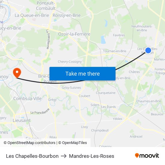 Les Chapelles-Bourbon to Mandres-Les-Roses map