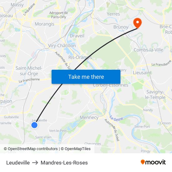 Leudeville to Mandres-Les-Roses map