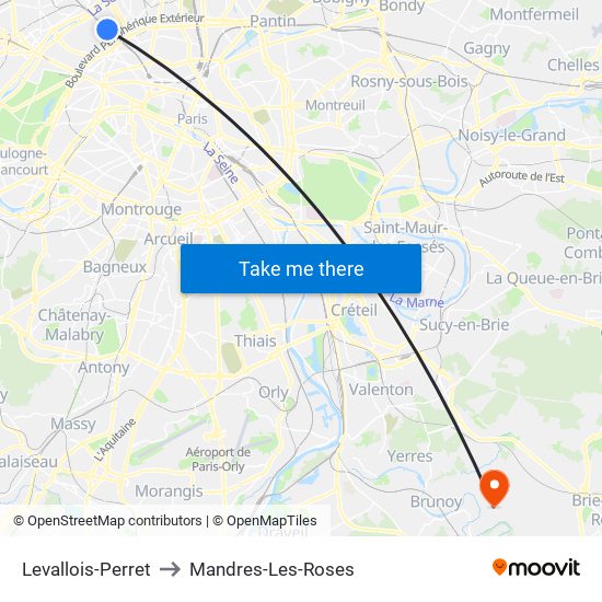 Levallois-Perret to Mandres-Les-Roses map