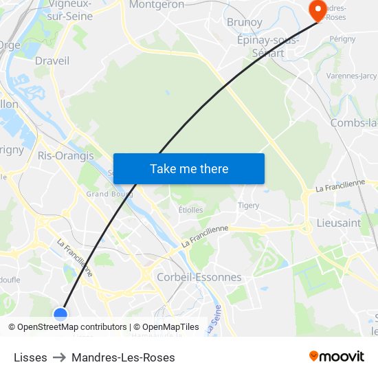 Lisses to Mandres-Les-Roses map