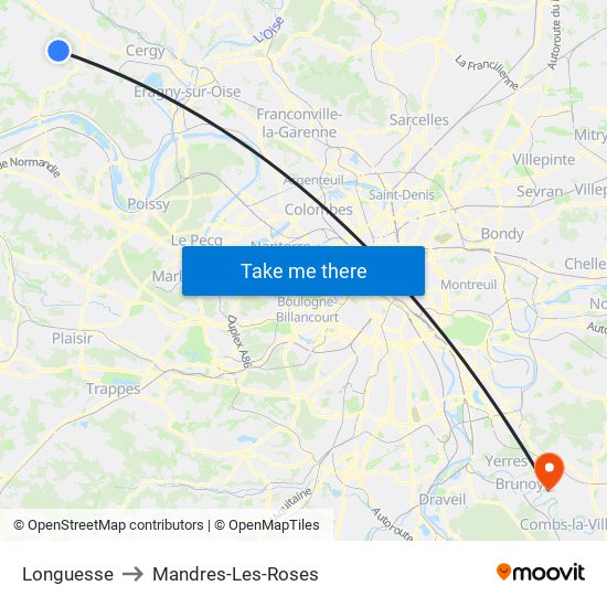 Longuesse to Mandres-Les-Roses map