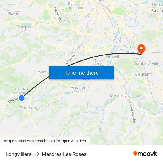 Longvilliers to Mandres-Les-Roses map