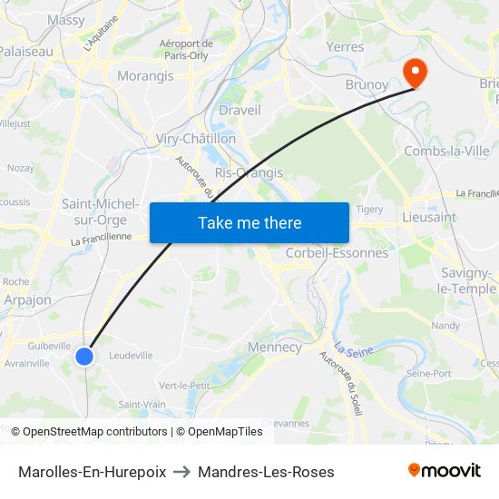 Marolles-En-Hurepoix to Mandres-Les-Roses map