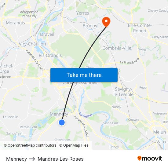 Mennecy to Mandres-Les-Roses map