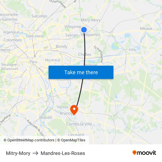 Mitry-Mory to Mandres-Les-Roses map