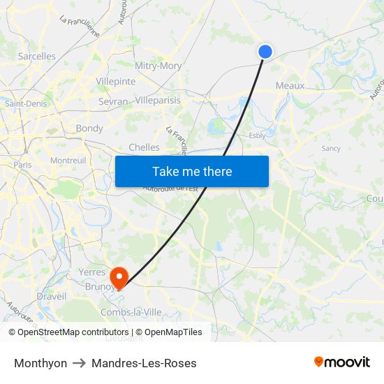 Monthyon to Mandres-Les-Roses map