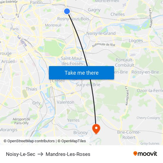 Noisy-Le-Sec to Mandres-Les-Roses map