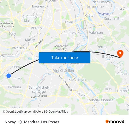 Nozay to Mandres-Les-Roses map