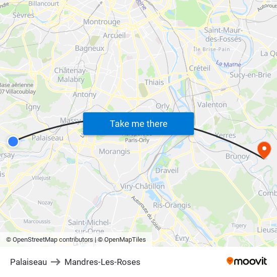 Palaiseau to Mandres-Les-Roses map