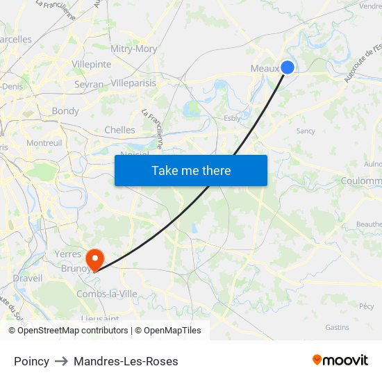 Poincy to Mandres-Les-Roses map