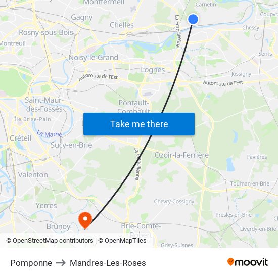 Pomponne to Mandres-Les-Roses map