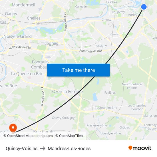 Quincy-Voisins to Mandres-Les-Roses map