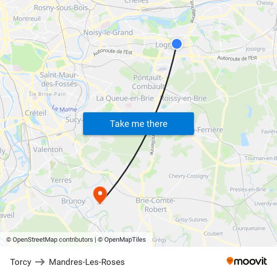Torcy to Mandres-Les-Roses map