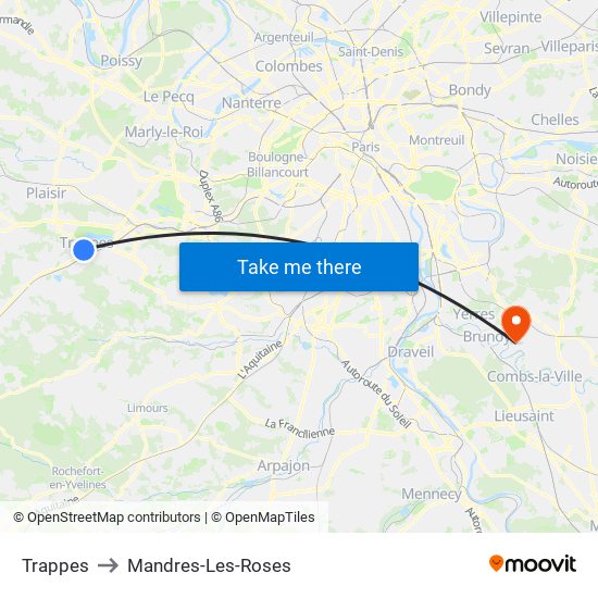 Trappes to Mandres-Les-Roses map