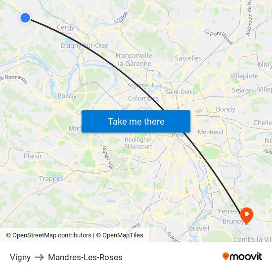 Vigny to Mandres-Les-Roses map