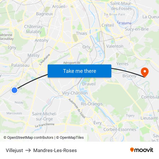 Villejust to Mandres-Les-Roses map