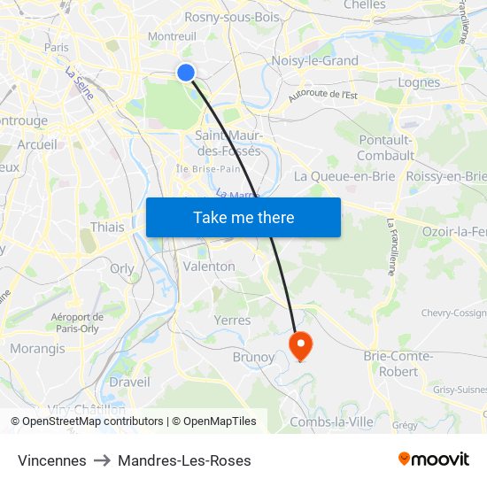 Vincennes to Mandres-Les-Roses map