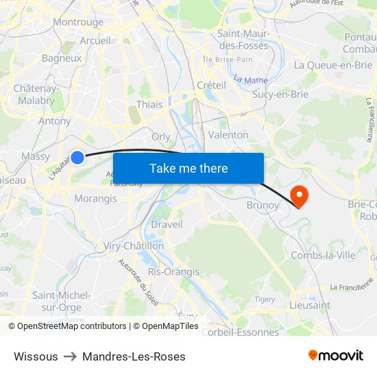 Wissous to Mandres-Les-Roses map