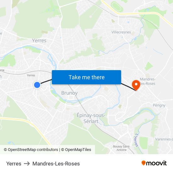 Yerres to Mandres-Les-Roses map
