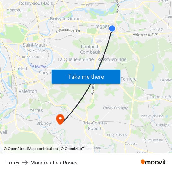 Torcy to Mandres-Les-Roses map