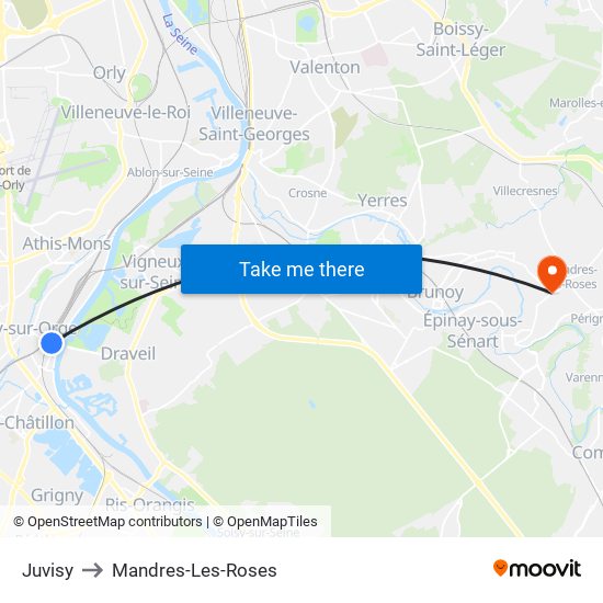 Juvisy to Mandres-Les-Roses map