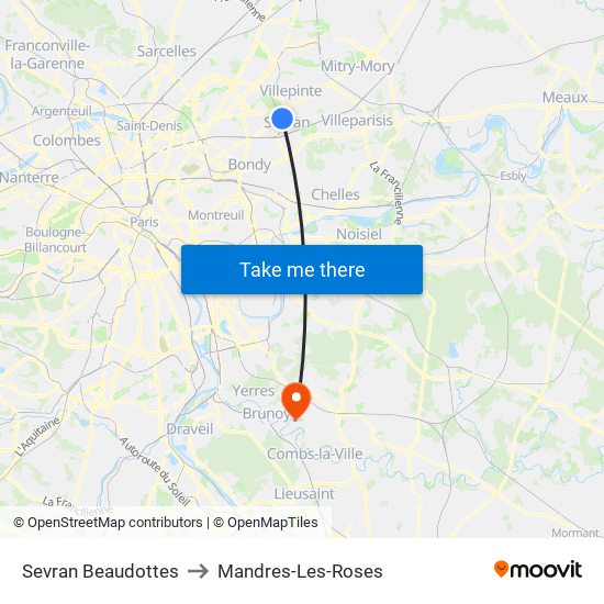 Sevran Beaudottes to Mandres-Les-Roses map