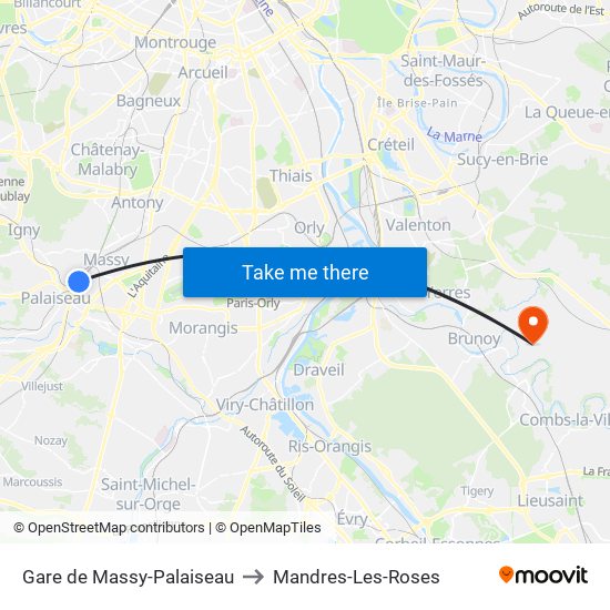Gare de Massy-Palaiseau to Mandres-Les-Roses map