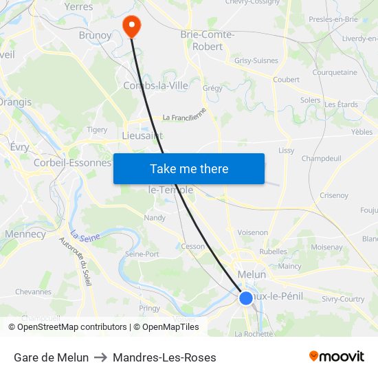 Gare de Melun to Mandres-Les-Roses map