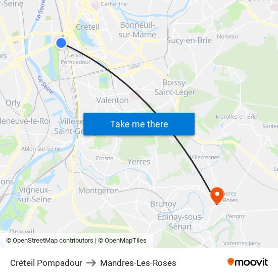 Créteil Pompadour to Mandres-Les-Roses map