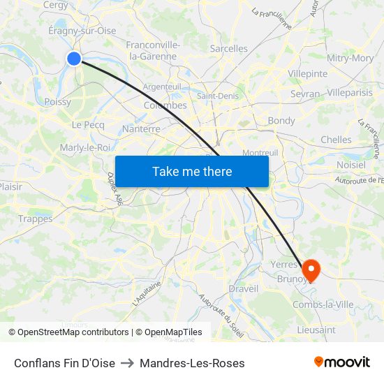 Conflans Fin D'Oise to Mandres-Les-Roses map