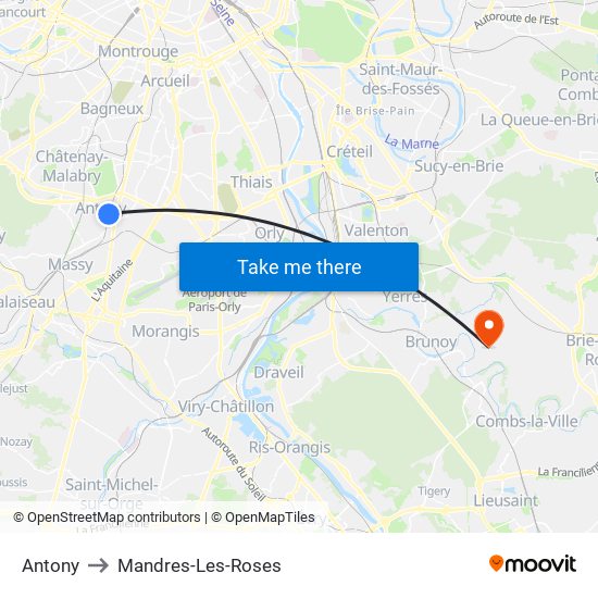 Antony to Mandres-Les-Roses map