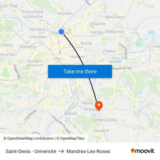 Saint-Denis - Université to Mandres-Les-Roses map