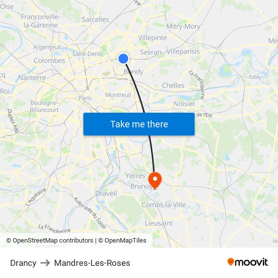 Drancy to Mandres-Les-Roses map
