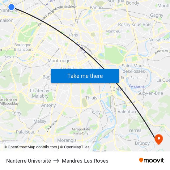 Nanterre Université to Mandres-Les-Roses map