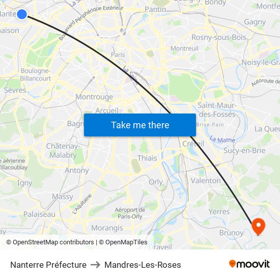 Nanterre Préfecture to Mandres-Les-Roses map