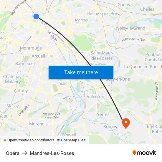 Opéra to Mandres-Les-Roses map