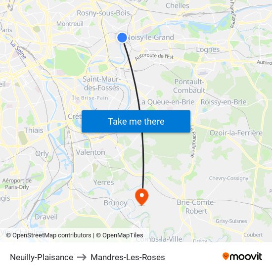 Neuilly-Plaisance to Mandres-Les-Roses map