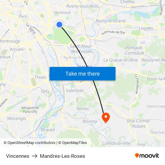 Vincennes to Mandres-Les-Roses map