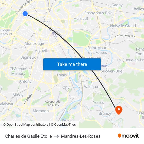 Charles de Gaulle Etoile to Mandres-Les-Roses map