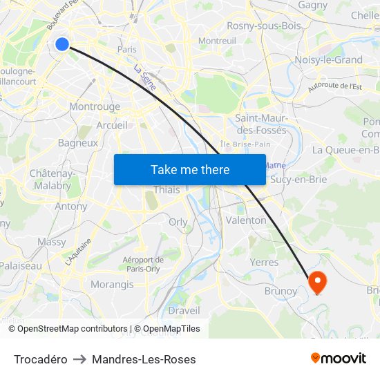 Trocadéro to Mandres-Les-Roses map