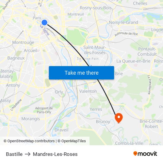 Bastille to Mandres-Les-Roses map