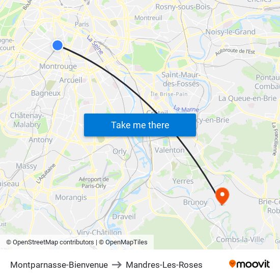 Montparnasse-Bienvenue to Mandres-Les-Roses map