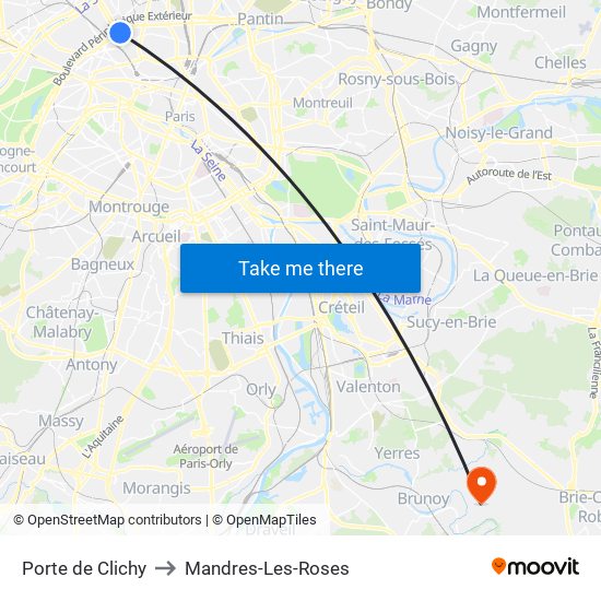 Porte de Clichy to Mandres-Les-Roses map